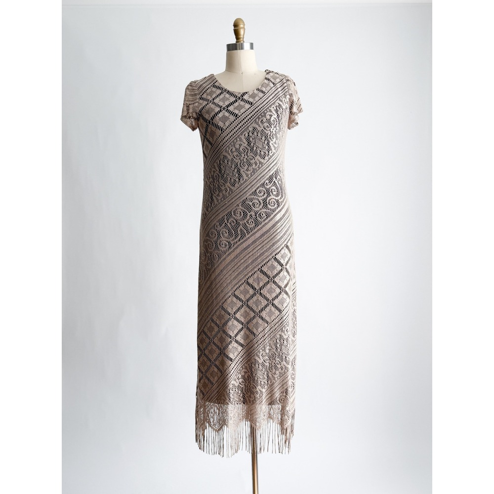 Harlow‎ Dresses Maxi Dress Lace Fringe Gatsby Boho 6 Tan Black Geometric Overlay